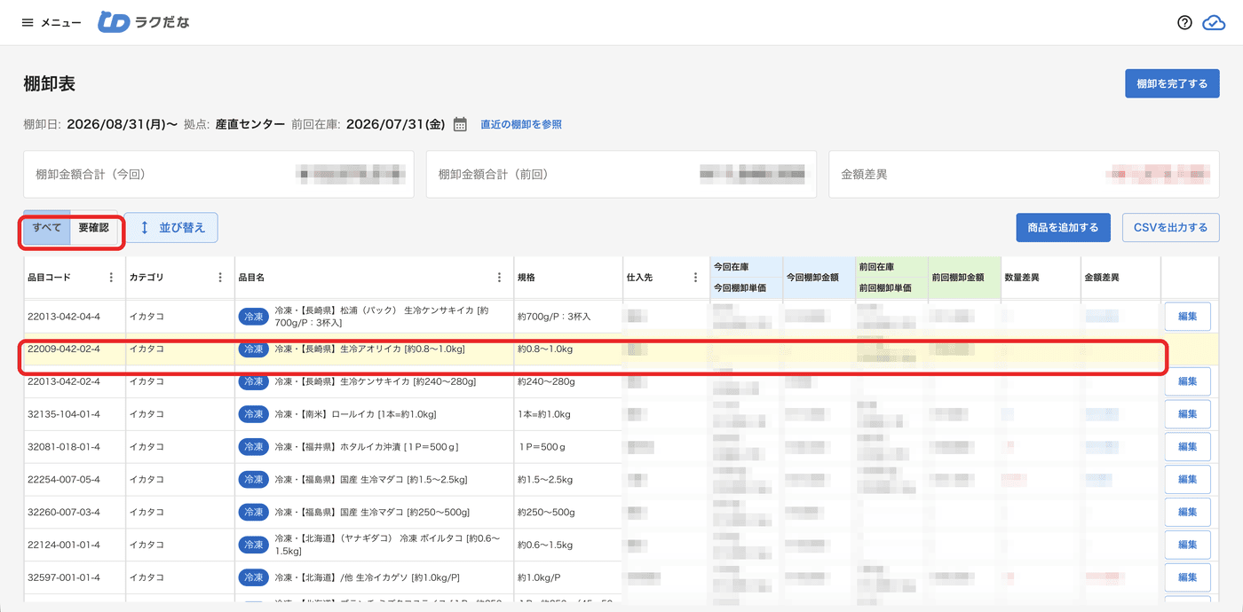 棚卸表の明細。理論在庫にあって今回ない商品の行が黄色でハイライトされ、「要確認」だけに絞り込めるトグルが並んでいる