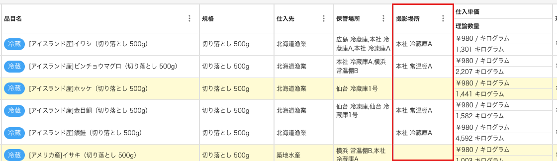 棚卸表に追加した撮影場所の列