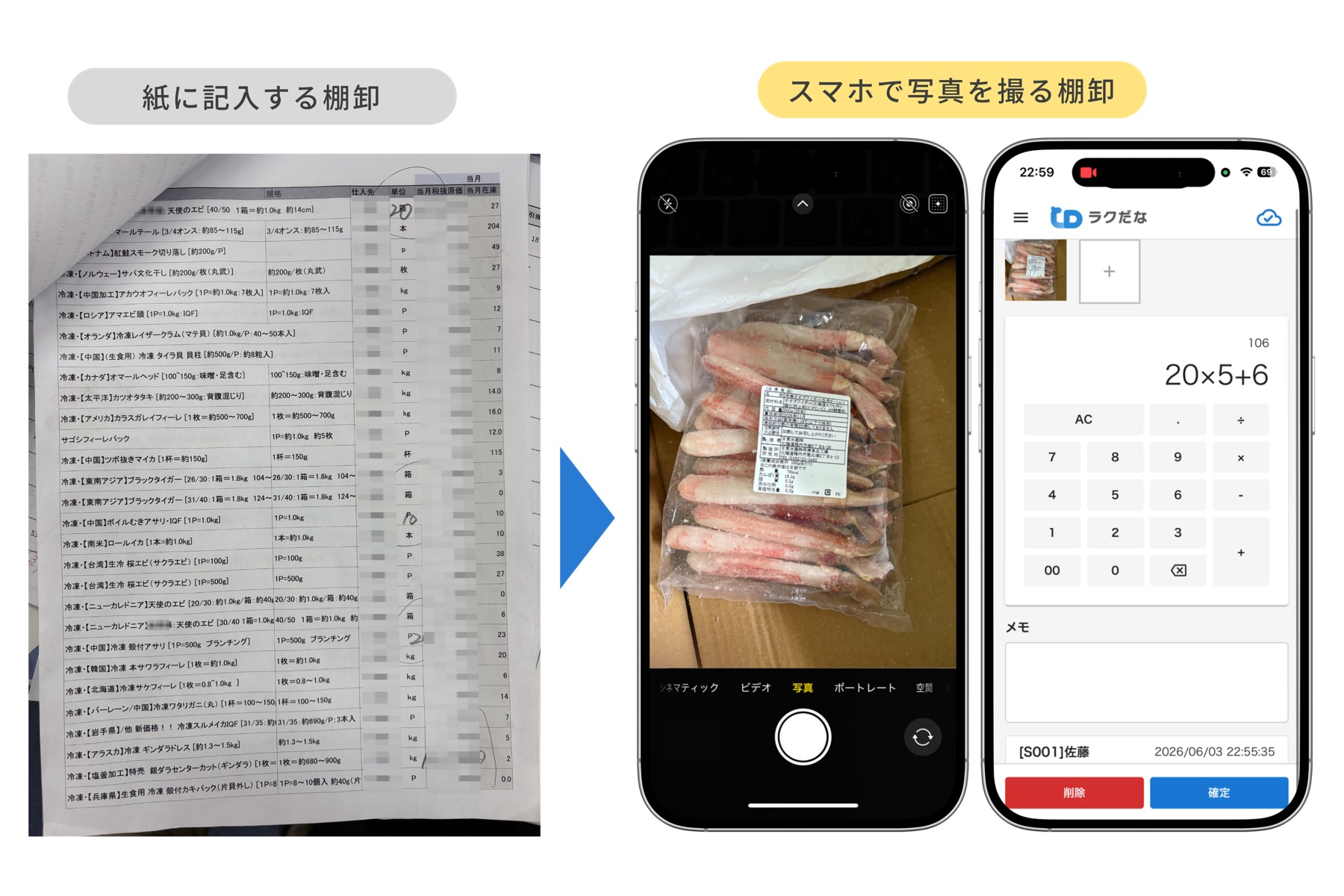紙に記入する棚卸から、スマホで写真を撮る棚卸への置き換えを並べた比較