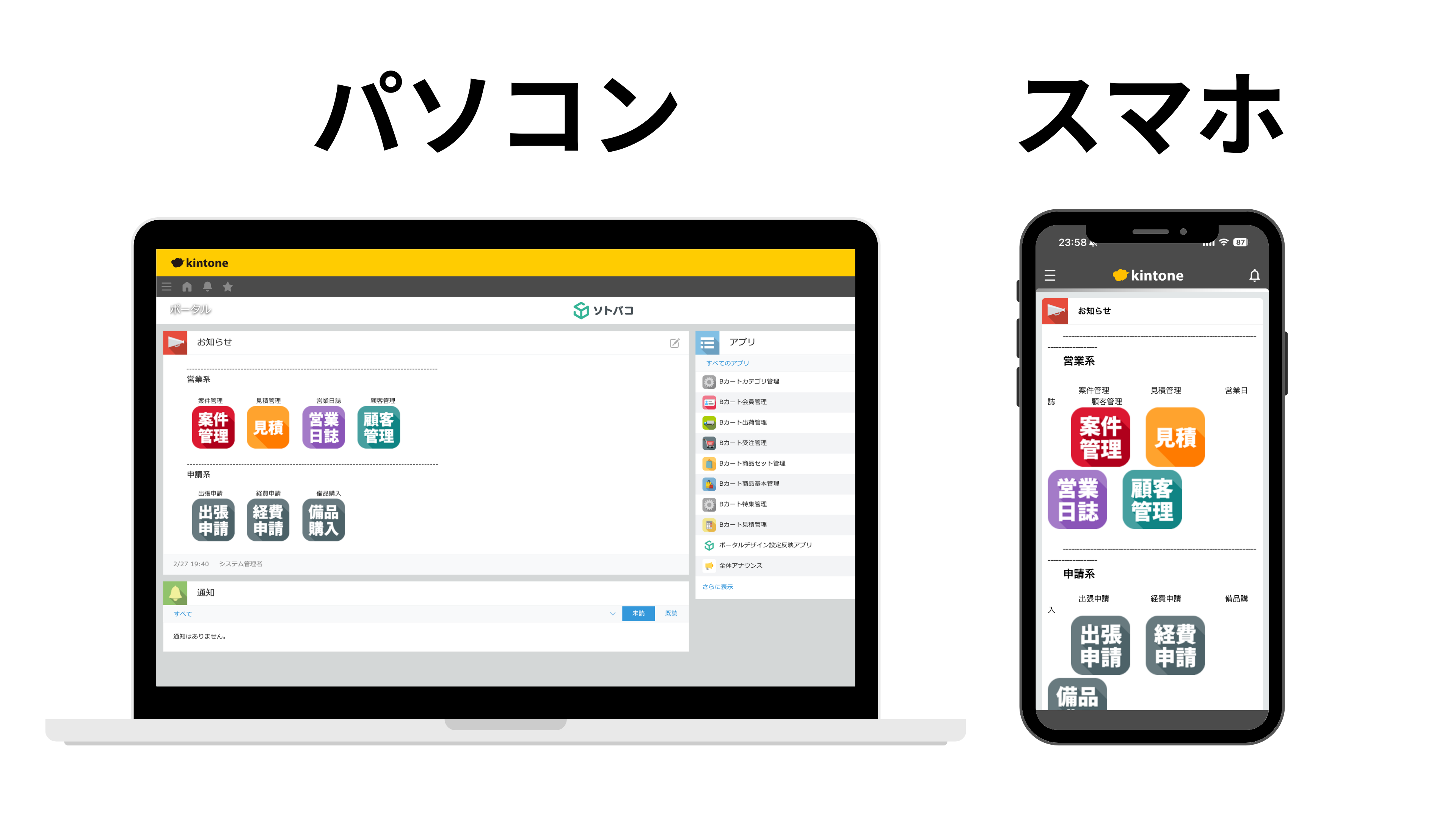 kintoneのお知らせ掲示板:PC版とスマホ版の表示比較