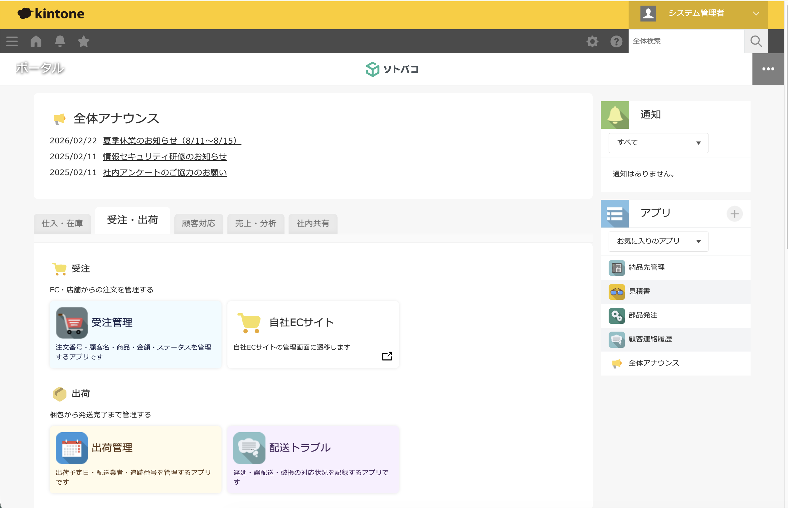ソトバコポータルで業務別にタブを分けた画面
