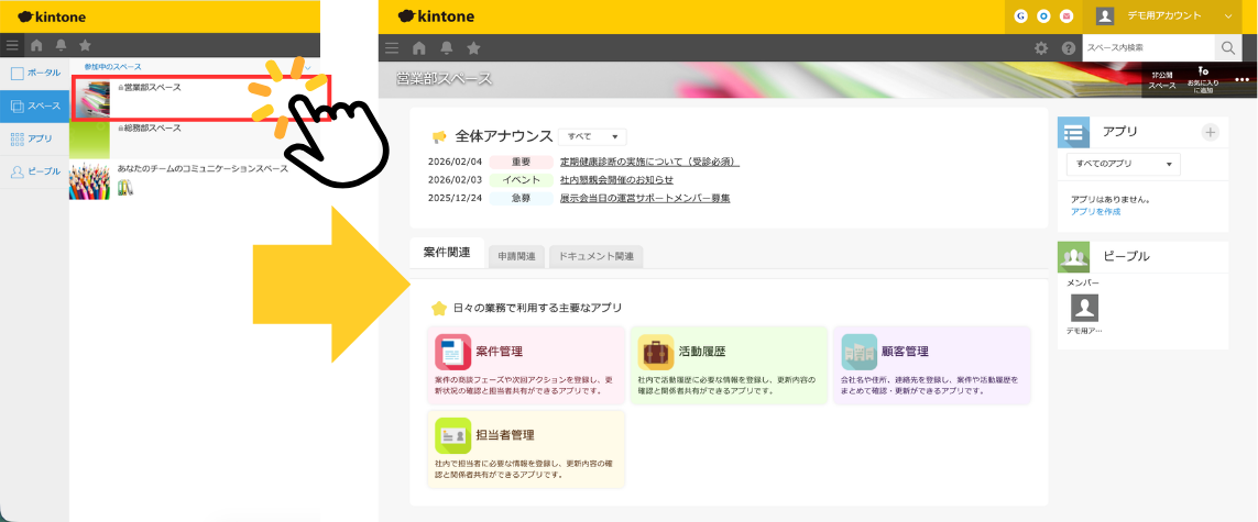 kintoneのスペースを選択するとそのスペース専用のポータルが表示されるイメージ図。ソトバコポータルのスペース単位ポータル機能を使うと、スペースごとに異なるアプリ・情報を表示できる